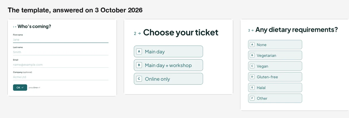 Three screens of the live template: Who's coming with name, email and company fields; Choose your ticket; Any dietary requirements