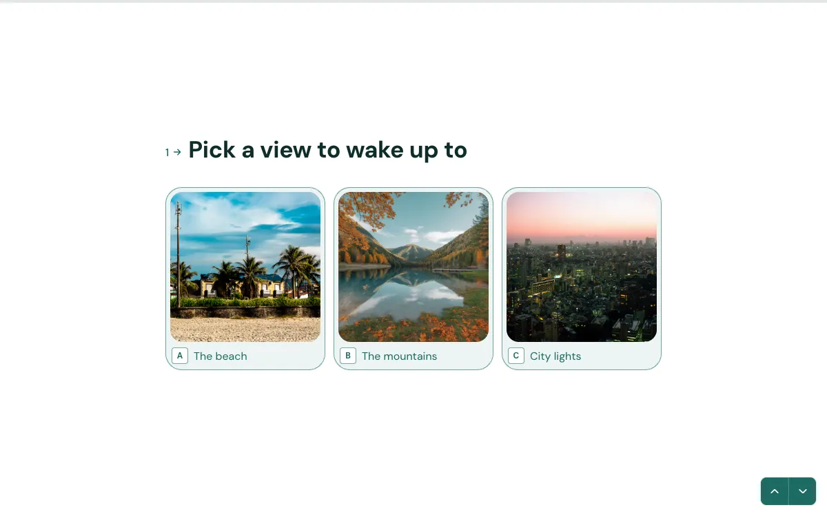 Personality quiz question: Pick a view to wake up to, with three photo choices: the beach, the mountains, city lights