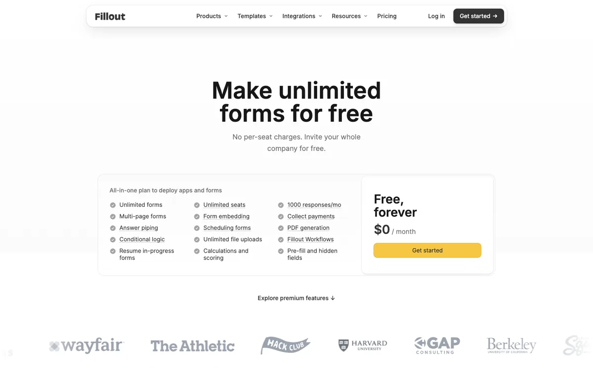 Fillout pricing page: Make unlimited forms for free, with the free plan at 1,000 responses a month