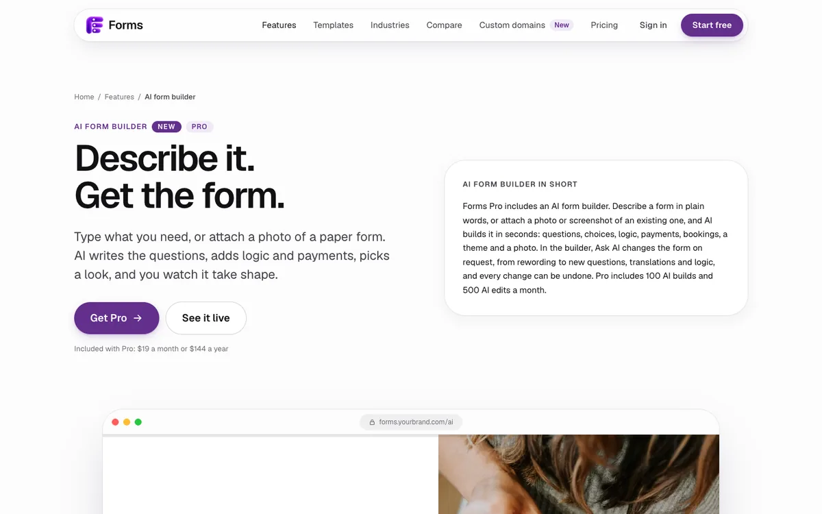 Forms AI form builder page: Describe it. Get the form.