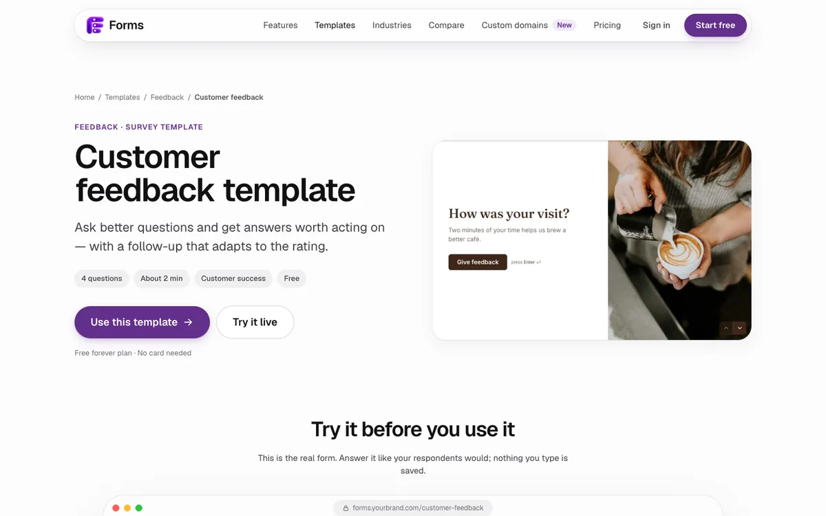 Forms customer feedback template: four questions with a follow-up that adapts to the rating