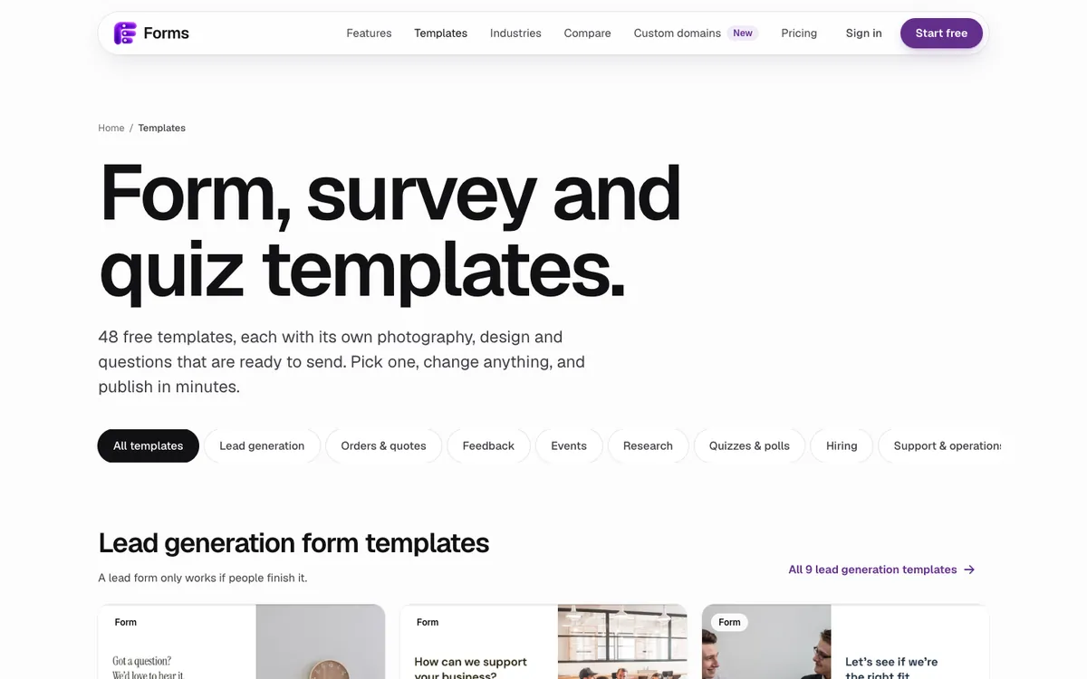The Forms templates gallery: form, survey and quiz templates grouped by goal