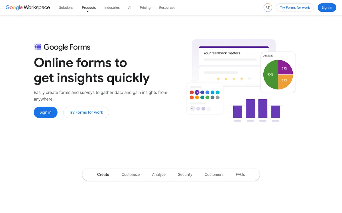 Google Forms product page in Google Workspace: Online forms to get insights quickly