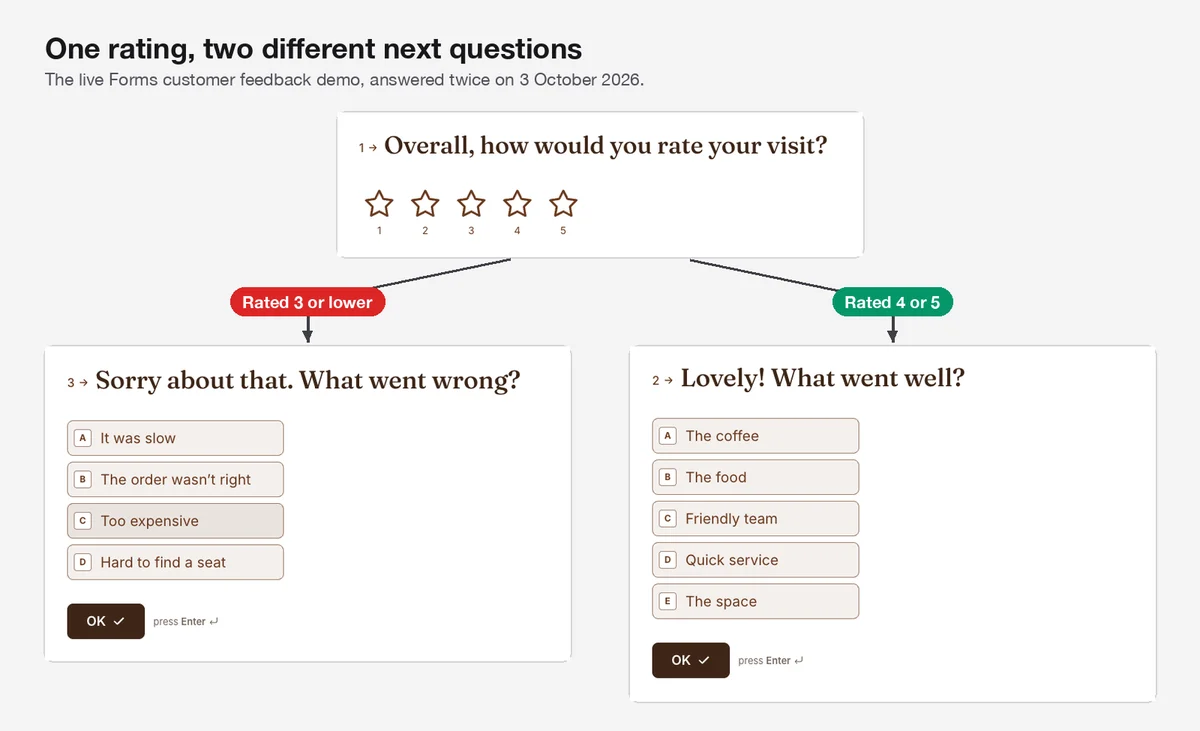The rating question, then two different next questions: What went wrong for a rating of 3 or lower, and What went well for 4 or 5