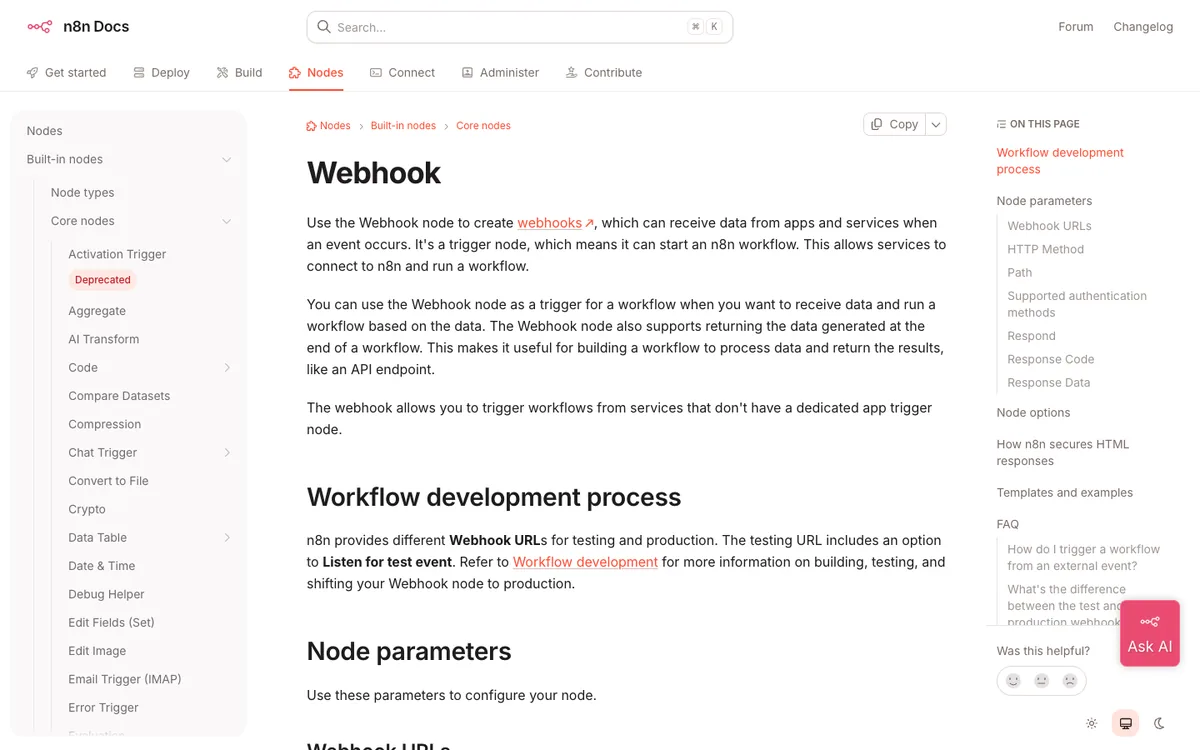 n8n documentation: Webhook node, with separate test and production URLs