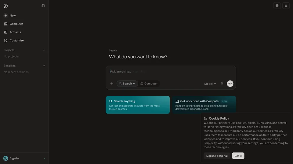 Perplexity website homepage