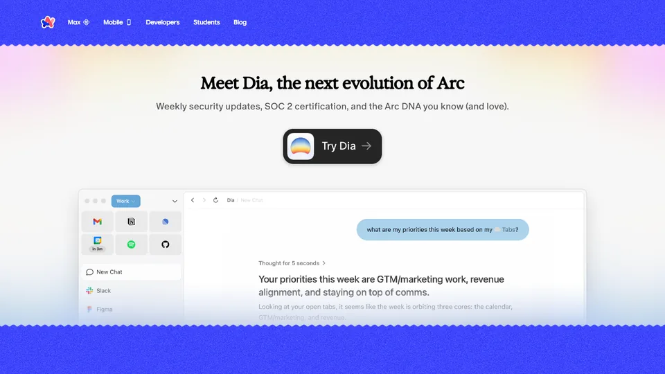 Arc website homepage