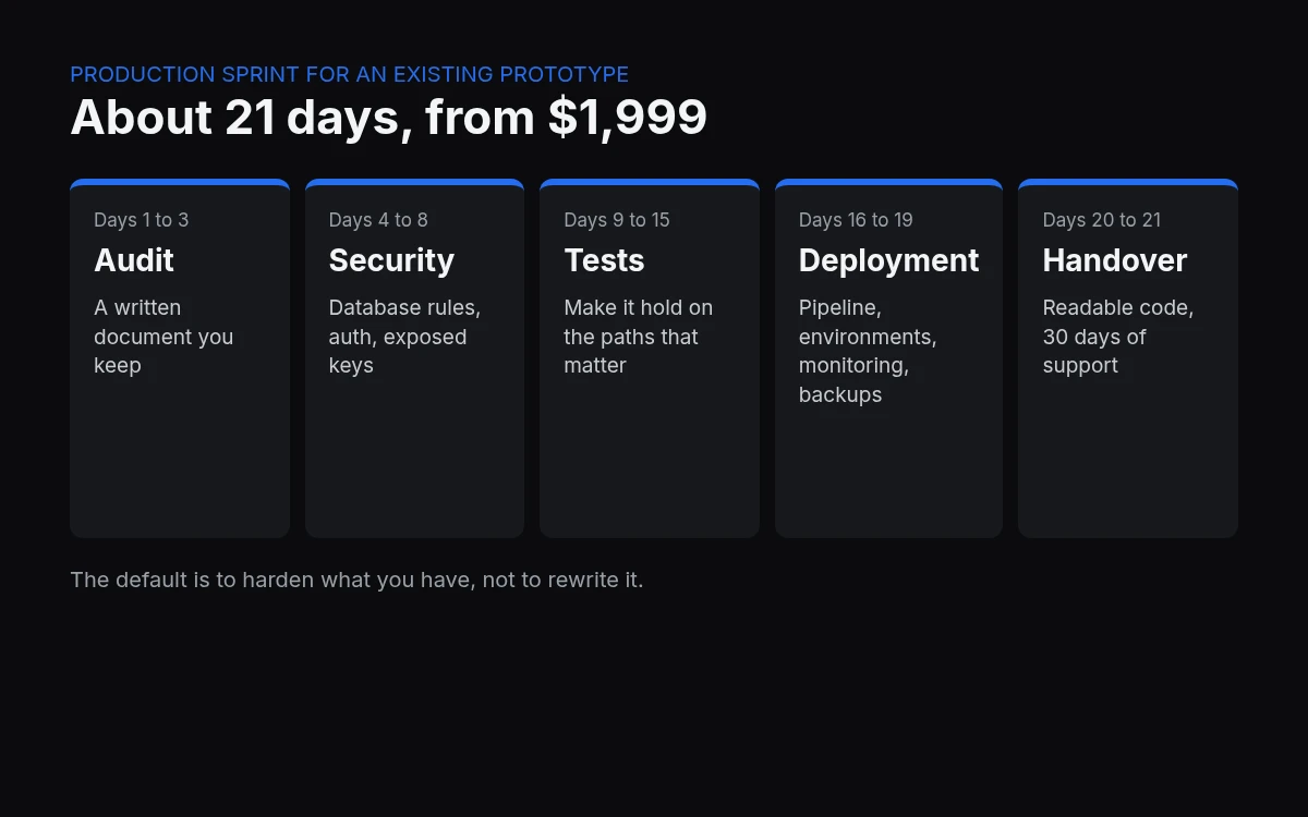 Production sprint for an existing prototype: audit, security, tests, deployment, handover, across about 21 days