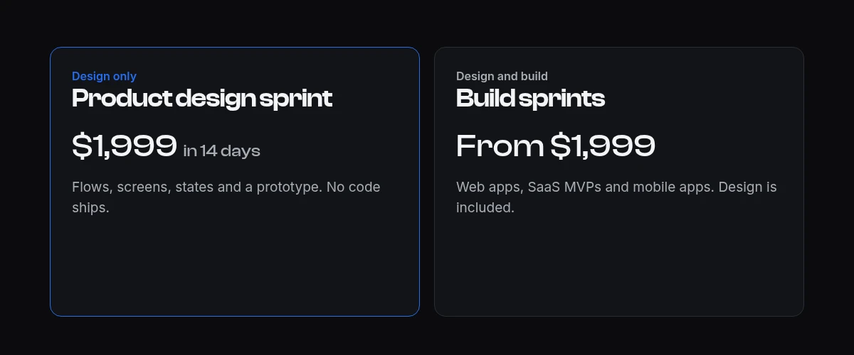 Two columns: the design-only sprint at $1,999 in 14 days, and build sprints that include design