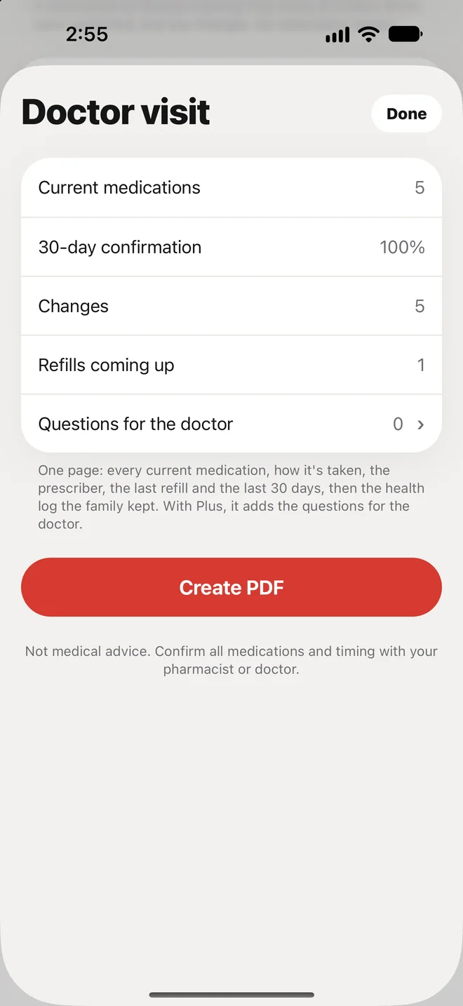peaflow Doctor visit screen summarising current medications, changes and refills, with a Create PDF button