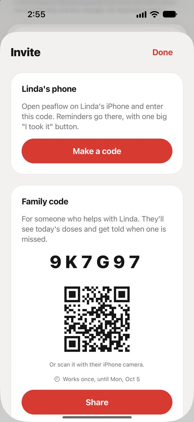 peaflow Invite screen with a family code and QR code to link a parent's phone or add a helper