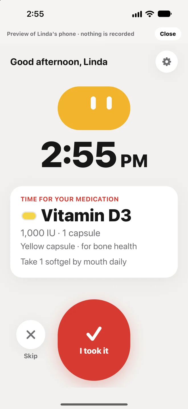 peaflow reminder on a parent's phone for Vitamin D3 with a large I took it button