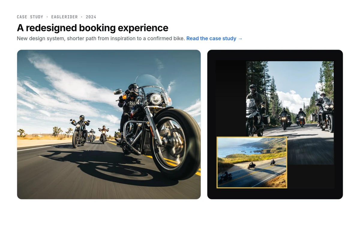 EagleRider redesigned booking experience: riders on an open road and a section of the new site's photo layout